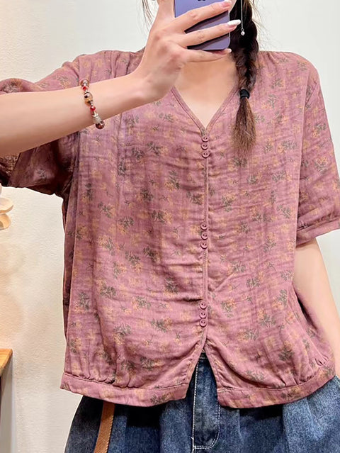 Plus Size Women Summer Floral Casual Button Loose Shirt