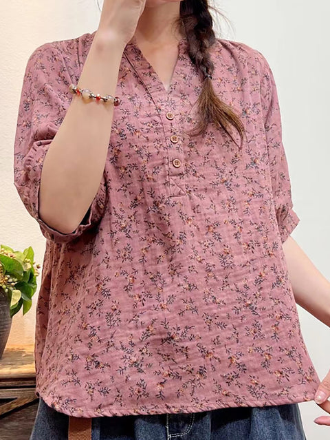 Plus Size Women Summer Artsy Floral Button Loose Shirt