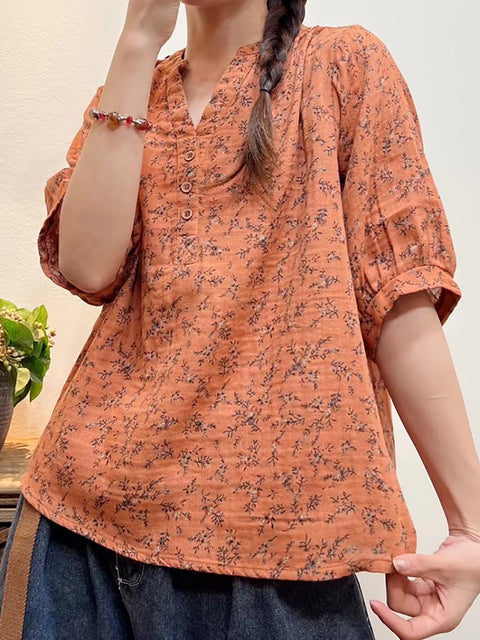 פלוס סייז נשים קיץ Artsy Floral Button Loose חולצה