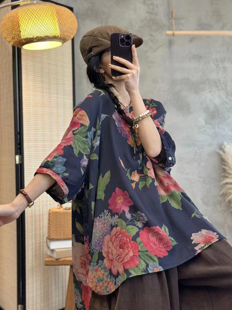 Plus Size Women Summer Casual Flower Button Loose Pullover Shirt