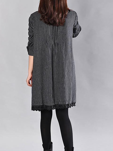 Plus Size Loose Cotton Linen Printing Lace Hem Dress