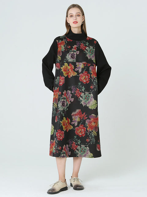 Plus Size Floral Prints Turtleneck Long Sleeve Spring Winter Dress M-2XL