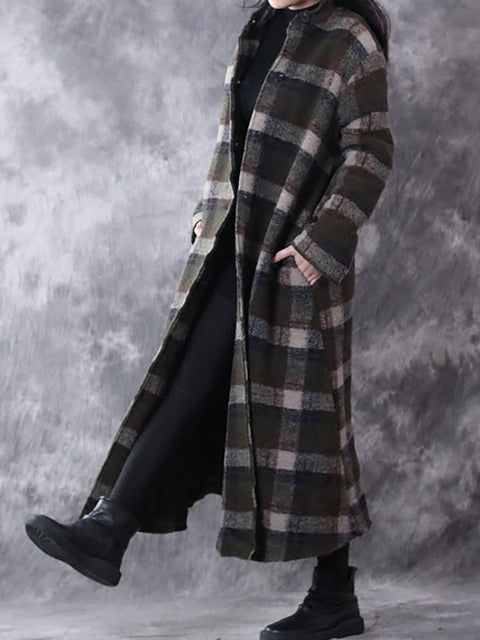 Plus Size Winter Small Collar Plaid Lattice Cashmere Coat