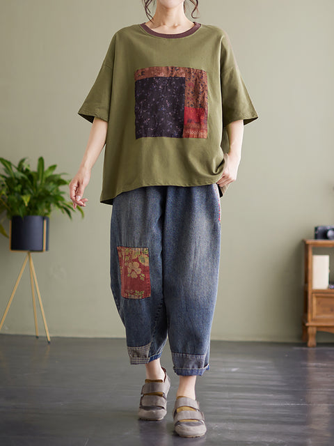 Patchwork Casual Summer Women Loose T Shirt