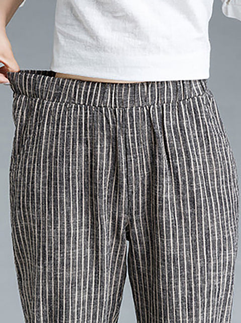 Plus Size Buykud Stripe כותנה פשתן מכנסי נשים