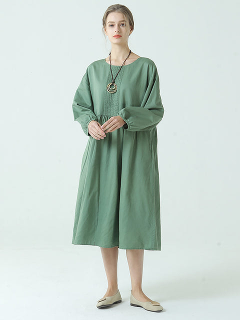 Plus Size Linen Cotton Pleated Spring Long Sleeve Dress