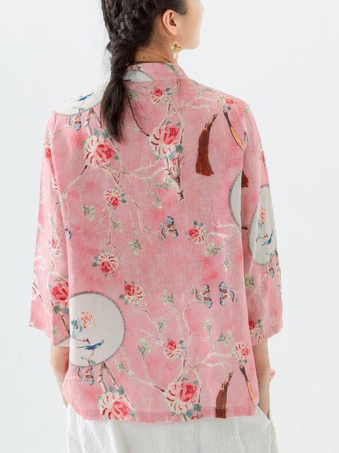 PLUS Size - Linen Floral Print Vintage Casual Irregular Shirt