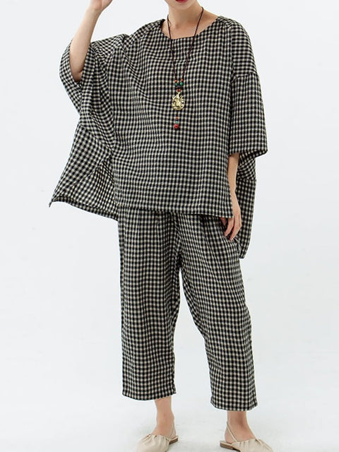 Plus Size Cotton Linen Plaid Retro Blouse And Pants