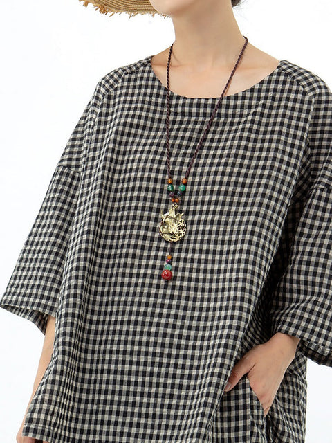 Plus Size Cotton Linen Plaid Retro Blouse And Pants