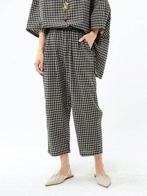 Plus Size Cotton Linen Plaid Retro Blouse And Pants