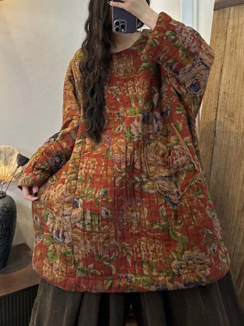 Plus Size Women Winter Ethnic Floral Print Pocket Loose Warm Coat