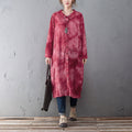 Single Breasted Long Sleeve Red Printed Shirt Dress - Buykud