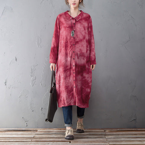 Single Breasted Long Sleeve Red Printed Shirt Dress - Buykud